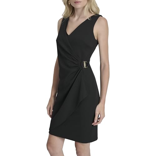 Image of DKNY Women's Sleeveless V-Neck Ruched D Buckle Hardware Faux Wrap Dress
