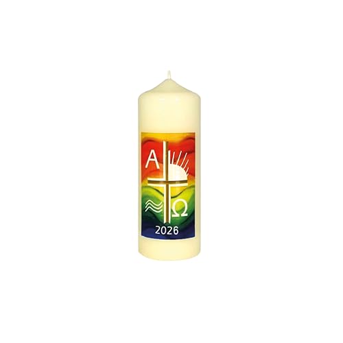Wiedemann Osterkerze Buntes Wellenmotiv Kreuz Sonne mit A und O mit aktueller Jahreszahl 170 x Ø 60 mm