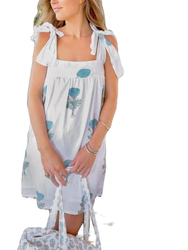 Image of Women Y2K Tie Shoulder Mini Dress Bow Babydoll Ruffle Short Dress Summer Boho Floral Flowy Beach Sundress