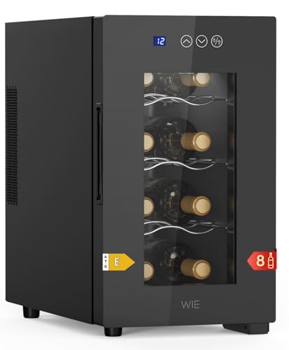 WIE Cantinetta Vino 8 Bottiglie, Raffreddamento Termoelettrico, Cantinetta Vino Refrigerata con Controllo touchscreen, Porta in Vetro a Specchio, Ripiani Regolabili, Luce LED, Muto, 5-18℃