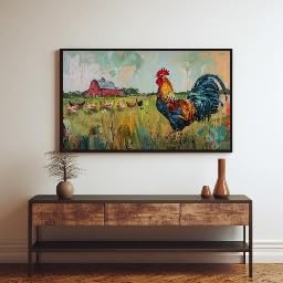 Tableau coq et poules pour cuisine ou salon de style ferme rustique 30x60cm