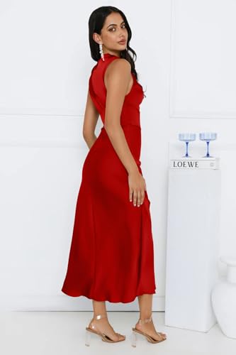 Image of Memoriesea Women's Sexy Sleeveless Cowl Neck Flowy A Line Party Cocktail Midi Dress Red