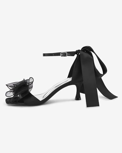 Coutgo Womens Bow Kitten Heels Sandals Square Open Toe Ankle Strap Satin Ribbon Wedding Dress Shoes4