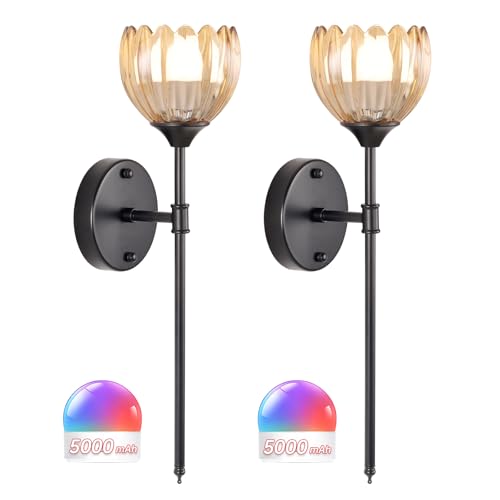 Image of Shenmoyl Battery Operated Wall Sconce Set of 2, Amber Tulip Vintage Wall Light Fixture Rechargeable 5000mAh Battery Powered Wall Lamp with Remote for Living Room Bathroom, Black