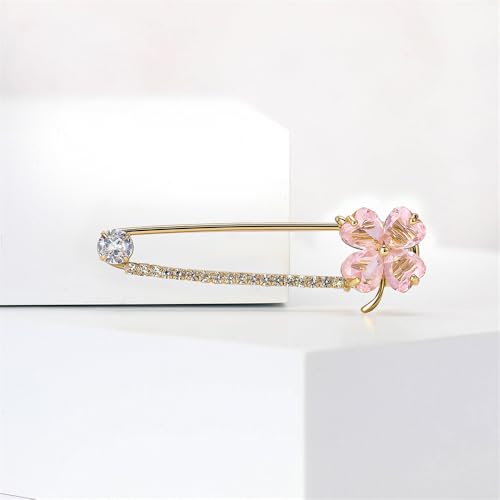 Image of Dainty Clover CZ Brooch Safety Pins Clip Scarf Sweater Shawl Waist Pants Luxury Sparkly Rhinestones Brooches for Collar Dress Skirt Suit Fashion Jewelry for Shamrock Party Birthday 2.2in