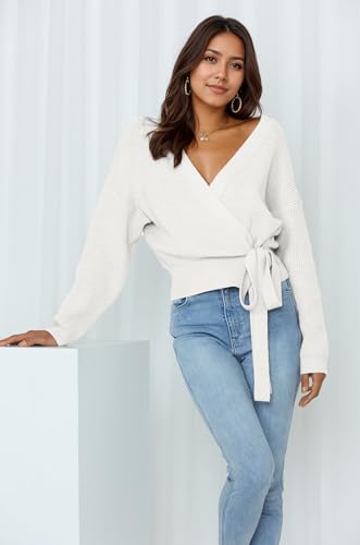 Womens Fall Sweaters 2025 Womens Casual V Neck Wrap Sweater Pullovers Lightweight Ribbed Drop Shoulder Knitted Warm Cozy Tops2