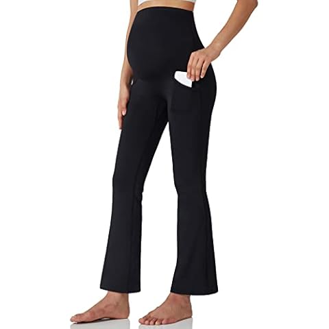POSHDIVAH Women's Maternity Work Pants Yoga Lounge Stretchy Bootcut Flare Pants Pregnancy Dress Trousers for Business Casual, Black, Medium Cover