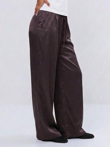 Image of MakeMeChic Women's Summer Satin Silk Pants Casual Flowy Pants Beach Vacation Wide Leg Pants