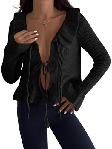 Saodimallsu Womens Tie Front Bow Cardigan Sweaters Cute Ruffle Long Sleeve Knit V Neck Fall Cropped Sweater Tops4