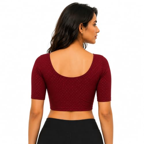 Image of Fressia Fabrics Pure Cotton 4-Way Stretch Readymade Blouse for Women | Free Size to 4XL Stretchable Round Neck Dobby Cotton Half Sleeve Readymade Saree Blouse for Women Stylish