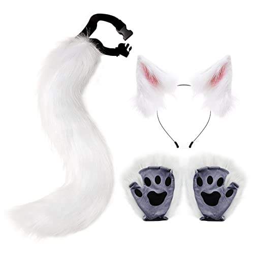 Orejas de peluche de cosplay con pinza para el cabello y cola rosa 7