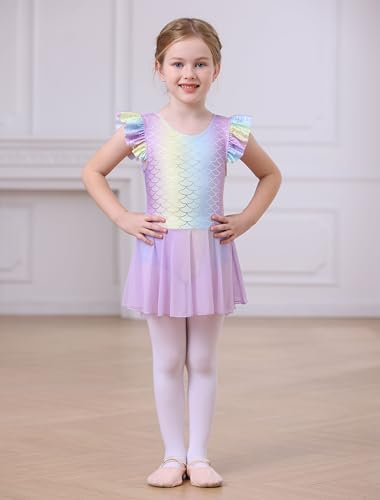 MdnMd Girls Dance Ballet Leotards Dresses Skirted for Ballerina Outfits Toddler Girls Gymnastics AM220 (Age 6-8, Rainbow-Mermaid)