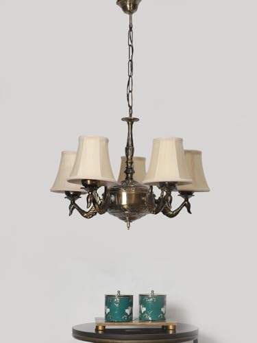 Image of Devansh 05-Light Conical Off-White Cotton Shade Chandelier - Antique Golden Finish | Adjustable Cord | Warm Glow Lamp - Ceiling Light for Living Room, Dining Area, Bedroom & Entryway Decor - D3