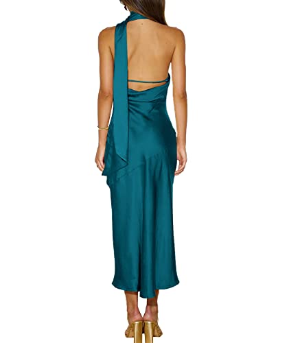 Image of Sexyshine Women's Elegant Halter Tie Neck Sleeveless Satin Long Dress Backless Split Cocktail Party Formal Wedding Maxi Dress