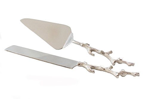 Server Set, Cake, Pie, Desert Flatware Set, Tree Branch Design, 2-Piece 18/10 Stainless Steel With Brass Handles (Light Antique Silver Finish) #TOP2