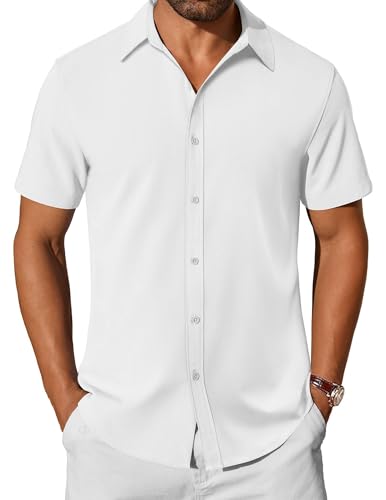 COOFANDY Mens Button up Shirts Short Sleeve Casual Summer Shirt Wrinkle Free Shirts White