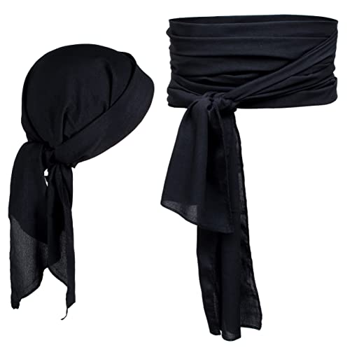 Pirate Costume Accessories/Plus Size Pirate Scarf Belt Waist Sash and Pirate Head Scarf Bandanas for Halloween Women Men (Black)