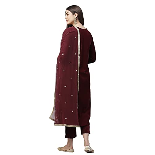 Image of Divena Maroon Velvet hand work Kurta pant With Net Dupatta set