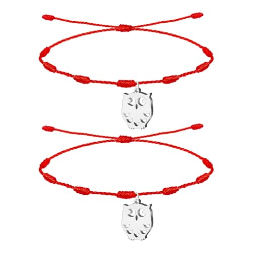 cotigo Pulsera 7 Nudos con Búho en acero inoxidable, pulsera hilo nudo rojo ajustable, Amuleto de Suerte y contra mal de ojo, set 2 pcs (Buho Plateado)