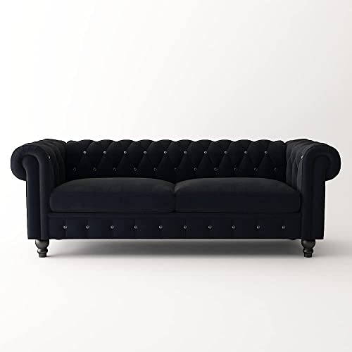 Image of Dime Store Wooden Chesterfield Sofa 3 Seater with Button Tufted Design Solid Wood Frame Upholstered Couch with Rolled Arms | Luxury Living Room Sofa for Home, Office, Lounge & Reception (Black)