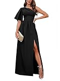Rooscier Women's One Shoulder Ruffle Short Sleeve Split Side Cocktail Long Maxi Dress Pure Black Sma