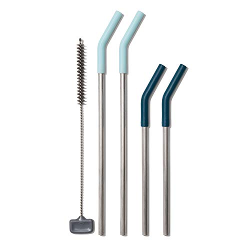 OXO Good Grips Stainless Steel 5 Piece Reusable Straw and Brush Set - Blue/Green
