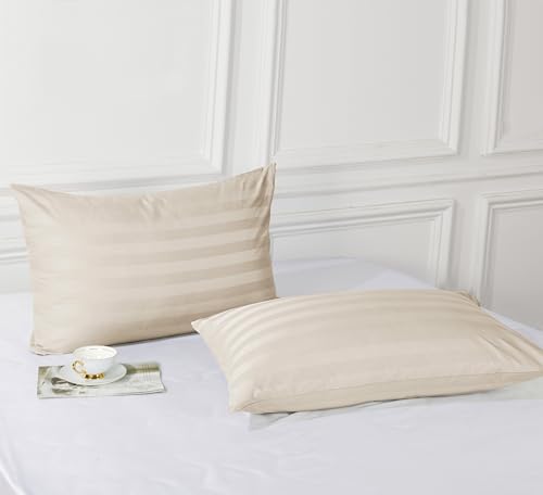 Image of 100% Egyptian Cotton Pillow Protectors Set of 4, 600 Thread Count King Size Bed Pillow Cases with Zipper, Sateen Weave Cooling Pillow Cases Quiet and Breathable Easy Care (4PCS, Stripe-Beige)