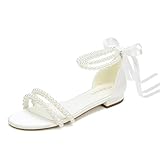 Pickshoes Pearl Flats Bridal Sandals Wedding Flats for Bride Open Toe Beach Wedding Shoes-Ivory-8