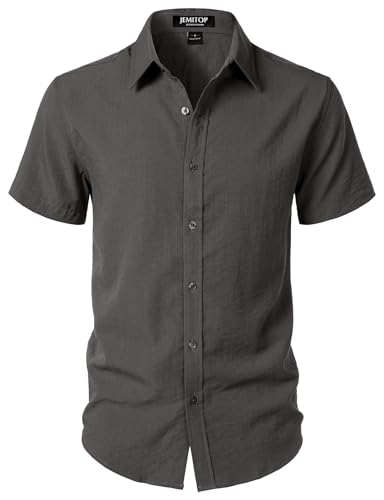 JEMITOP Mens Stretch Textured Short Sleeve Button Down Shirts Summer Casual Beach Wedding Vacation Button up Shirt Dark Grey L