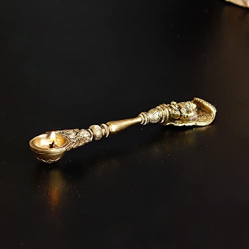 Image of eCraftIndia Ethnic Carved Brass Long Stick Diya with 1 Wick for Pooja Room and Temple, Gold, One Size, (BDP505)