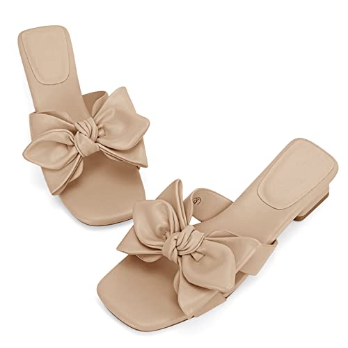 Womens Bow Dressy Low Heel Sandals Slides Summer Chunky Block Heeled Open Toe Mules Slip on Slippers Shoes
