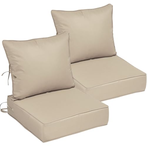Image of 22x24 Outdoor Chair Cushions Set of 2, Waterproof Deep Seat Cushions for Patio Furniture with Removable Cover, Fade Resistant 4'' Outdoor Seat Cushion w /Ties&Handle for Sofa Loveseat, Khaki