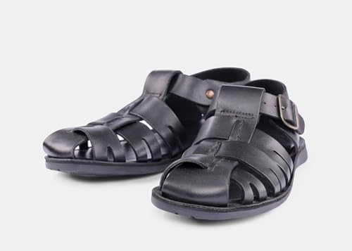 Men's Leather Fisherman Sandals with Buckle Closure, Black4