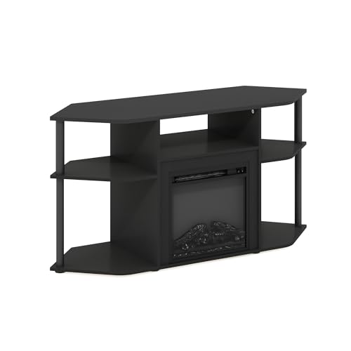 Image of Furinno Jensen Fireplace TV Stand, Corner Entertainment Center, TV Console for TV up to 55 Inch with Fireplace, Plastic Poles and Open Storage, for Living Room, Bedroom, Americano