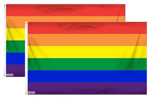 Fontee® 2 Stück [Gay Pride Flagge] [90X150 cm] [Lebendige Farbe] [UV-lichtbeständig] [Leinwandkopf] [Doppelt genäht] [Dicke Messingösen] [Regenbogenfahne]
