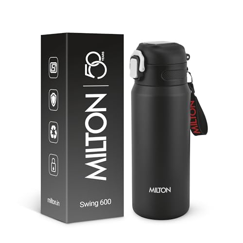 Image of Milton Swing 600 Thermosteel Water Bottle 540 ml with One Touch Safety Lock, Long Hours Hot and Cold, Leak Proof Lid, ISI Certified I Vacuum Insulated I for Office, Gym, School I Black