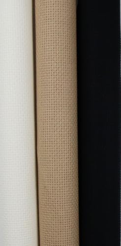 Image of KCS 3 pc of 15 inch x 18 inch(38cmx45cm) 14 Count Cross Stitch Cotton Aida Cloth Needlework Rolled Fabric Box,14CT,Antique White+Khaki+Black