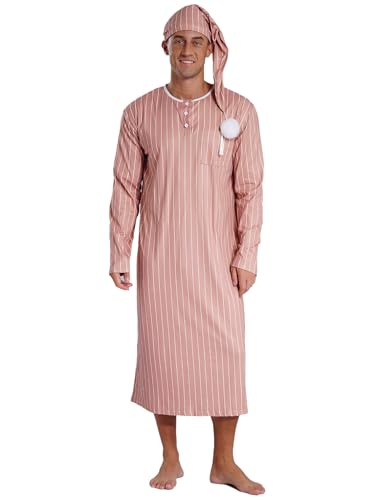renvena Men's 2Pcs Pajamas Set Long Sleeve Striped Kaftan Sleepwear Night Shirt with Sleeping Cap