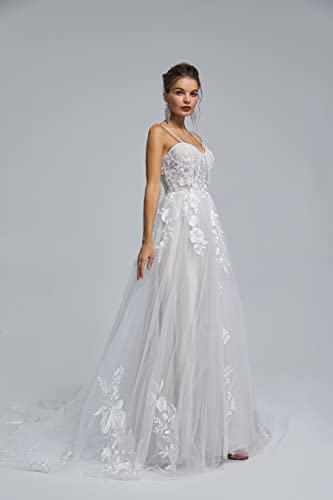 Image of Spaghetti Chiffon Beach Wedding Dress V Neck A line Bridal Gowns Lace Plus Size Wedding Dress