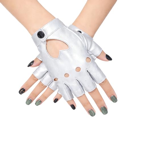 Yikisdy SIlver Leather Gloves Fingerless Punk Biker Gothic Driving Motorcycle Glove Costume Accessories for Men Women Teens Adult (Silver Free Size)