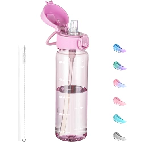 GOPPUS 500ML/17OZ Clear Tritan Water Bottle with Straw Transparent Childrens Drinks Bottle with Carrying Handle See Through Measured Bottles with Flip Top Lid Leakproof Adults Water Bottles BPA Free