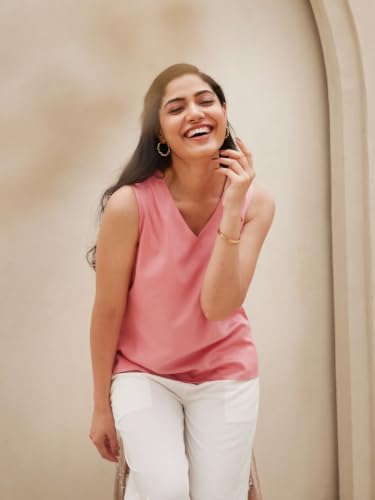Image of SAADAA V-Neck Tops for Women| Viscose Fabric | Sleeveless Design | Relaxed Fit for Everyday Comfort | Office & Casual Wear