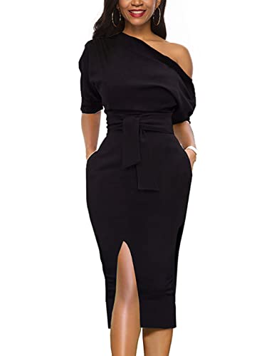 LILYIN Womens Classy Off Shoulder Short Sleeve Belted Side Slit