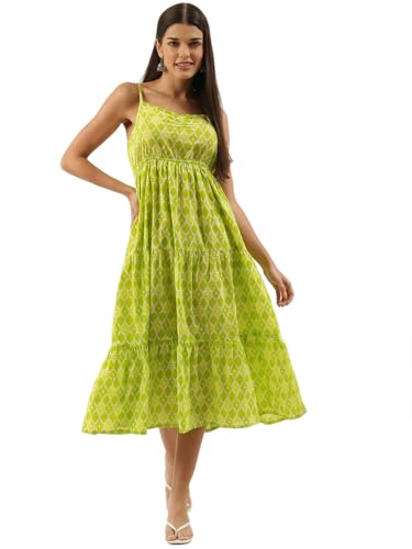 Image of FABRIC FITOOR Women Cotton Lime Green Color Geometric Print Fit & Flared Dress with Shoulder Straps