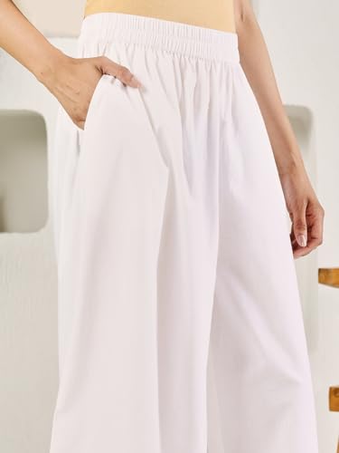 Image of FIORRA Women's White Cotton Solid Palazzo with Lace