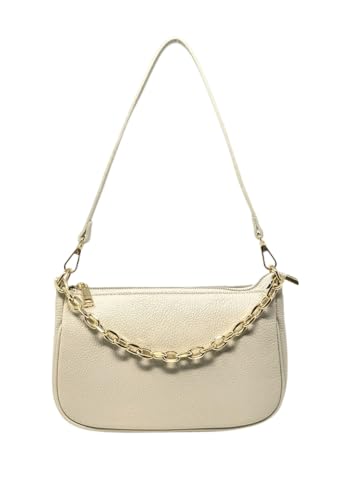 Bolso de mujer pequeño elegante de piel auténtica con cadena de mano hombro y correa Made in Italy Modelo Estrella, blanco perla (ral 1013)
