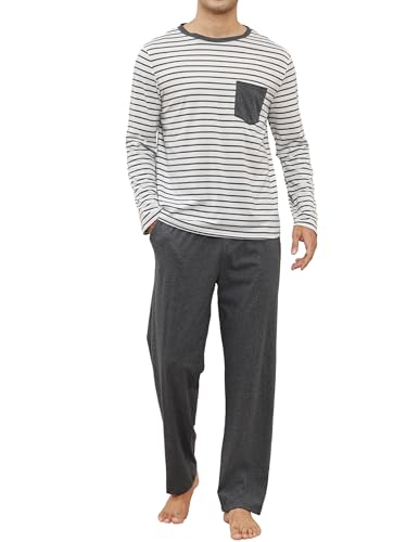 Reliwel Ensemble de pyjama à manches longues pour homme en coton rayé respirant et confortable, gris, S