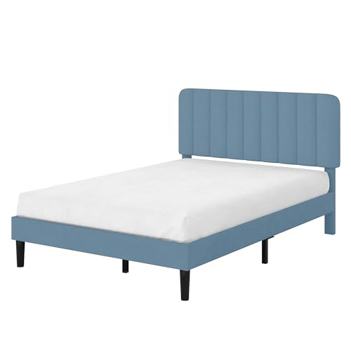 Image of VECELO Queen Size Bed Frame with Upholstered Headboard, Velvet Platform Bedframe Mattress Foundation, Strong Wood Slat Support, No Box Spring Needed,Sky Blue