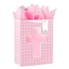 Loveinside Gift Bag with Pink Diamond and Cross Design, Tissue Paper for Baby Girl Baptisms, Christenings, First Communions Religious Occasion – 10″ x 5″ x 13″, 1 Pcs