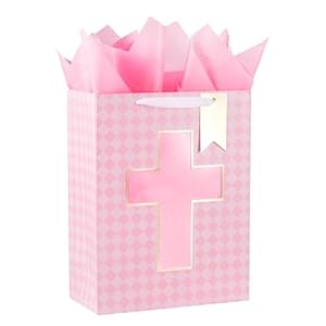 Loveinside Gift Bag with Pink Diamond and Cross Design, Tissue Paper for Baby Girl Baptisms, Christenings, First Communions Religious Occasion – 10″ x 5″ x 13″, 1 Pcs